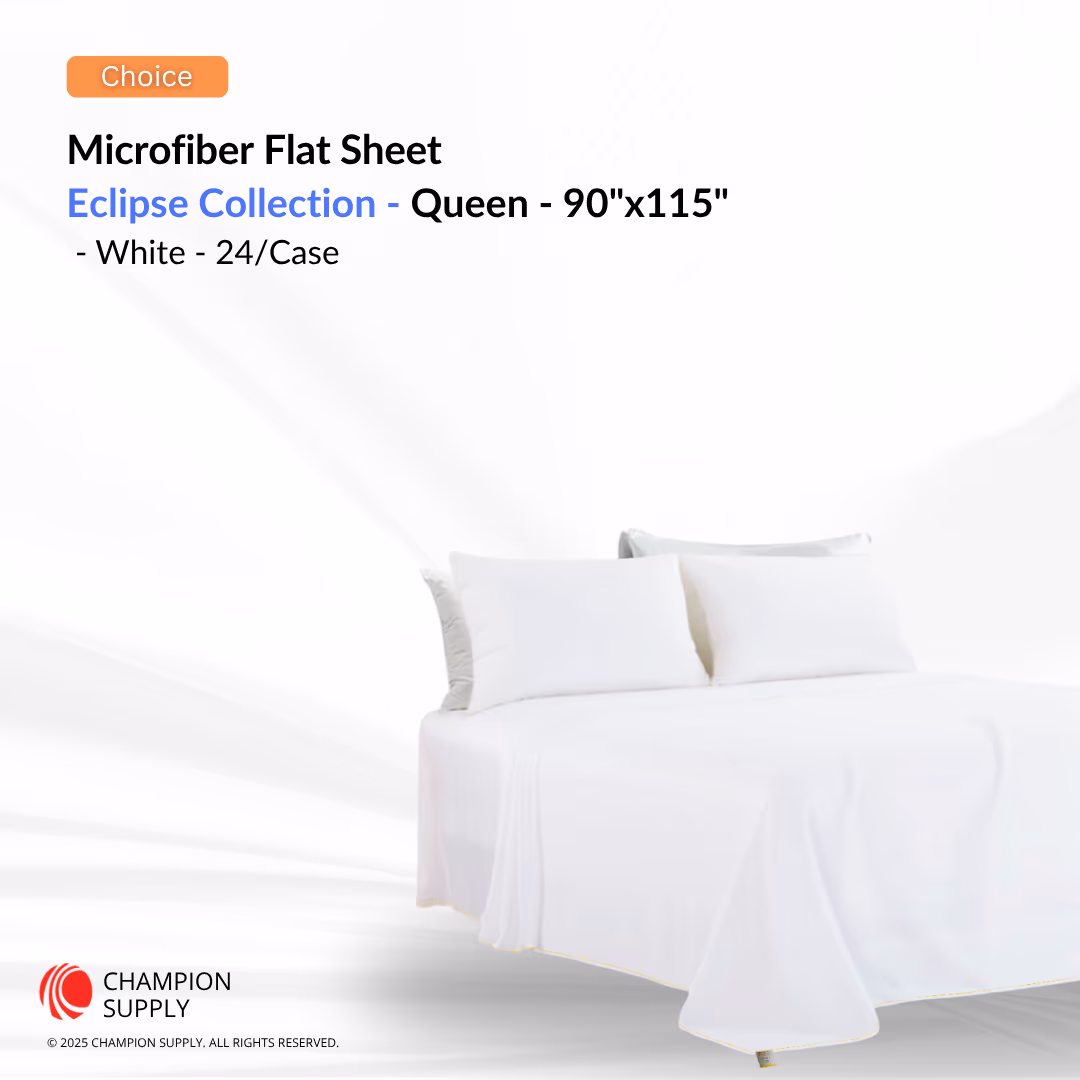 Choice Hotels Eclipse Collection Microfiber Queen Flat Sheet – 90" x 115", White, Case of 24